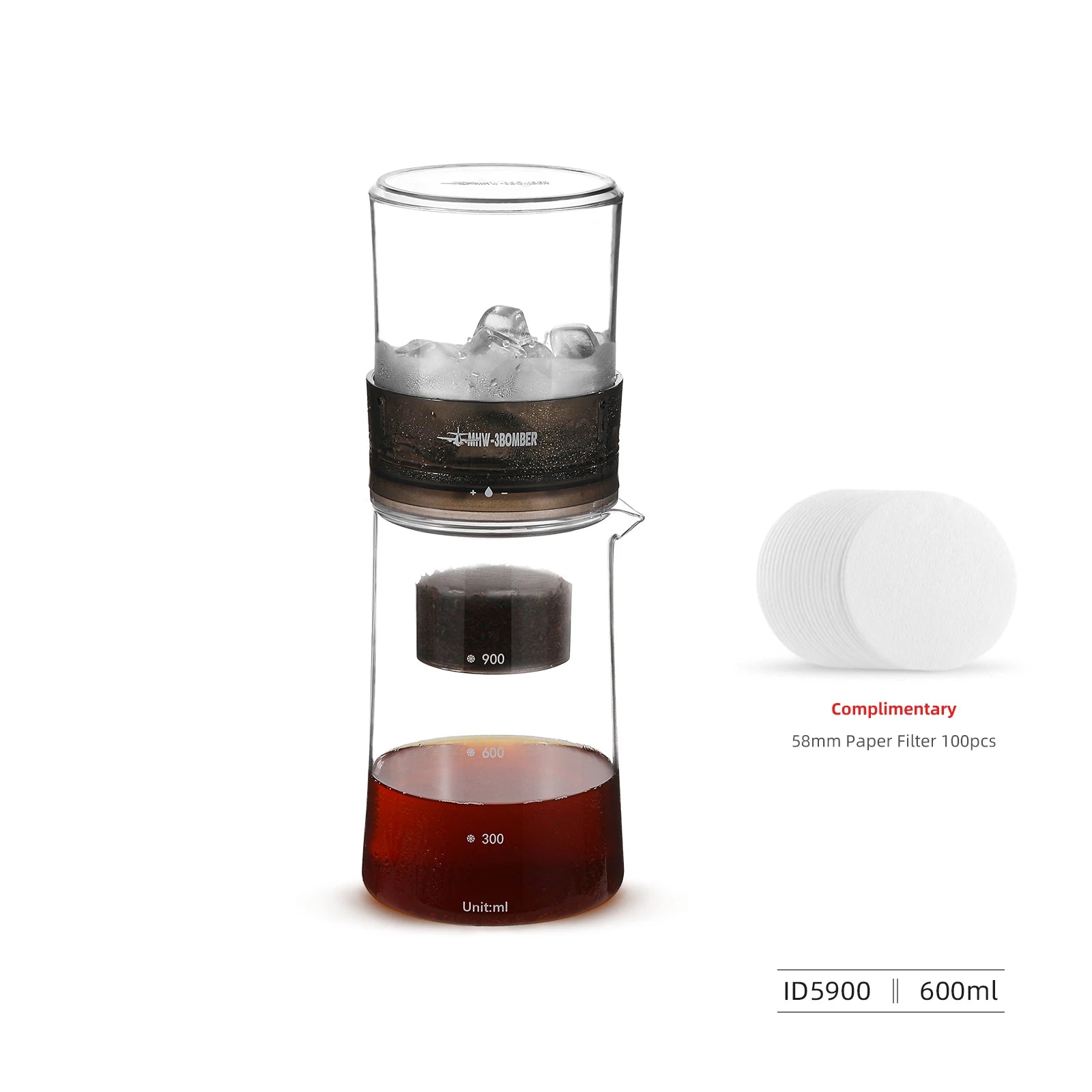MHW-3BOMBER 2-4 Cup Cold Brew Coffee Maker 600ml Iced Coffee Pot with 100pcs Filter Paper 300 Mesh Fine Filters Camping Tools