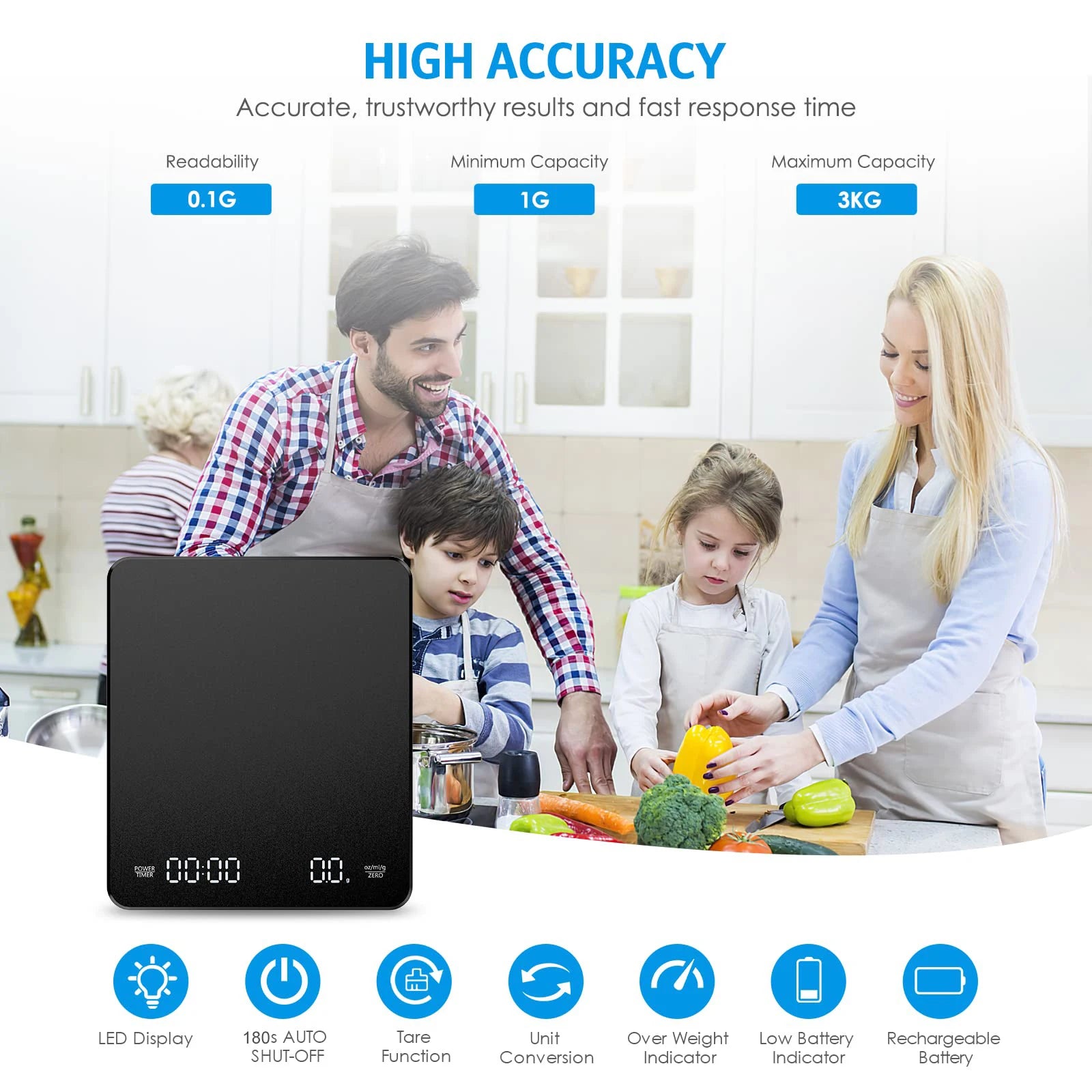 Digital Coffee Scale with Timer, Rechargeable Espresso Scale, 3kg/0.1g  Electronic  Mini Kithcen Food Scale Measures in g/oz/ml