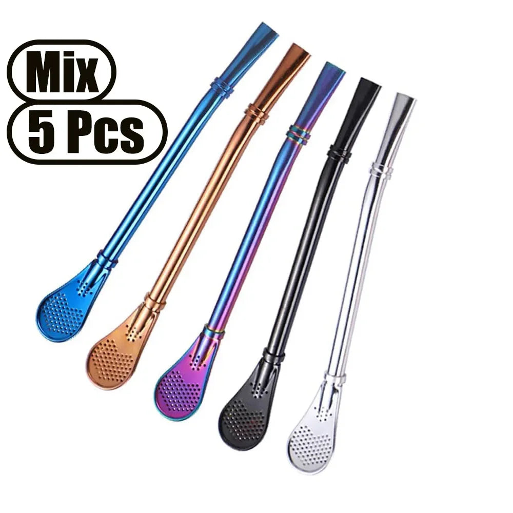 1-5Pcs Stainless Steel 304 Straw Spoon Tea Filter Reusable Spoon Filter Straw Yerba Mate Bombilla for Bar Cocktail Accessories