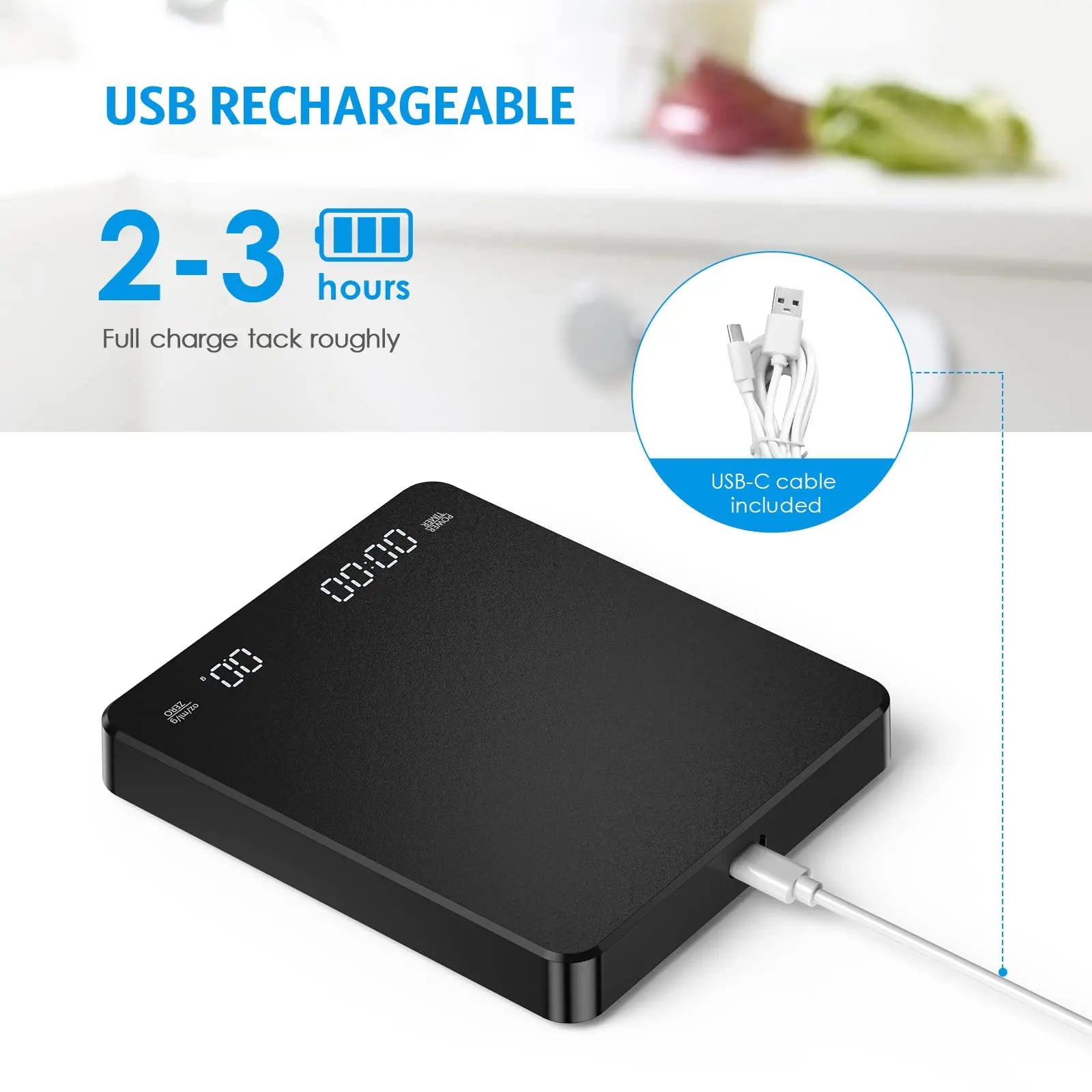 Digital Coffee Scale with Timer, Rechargeable Espresso Scale, 3kg/0.1g  Electronic  Mini Kithcen Food Scale Measures in g/oz/ml