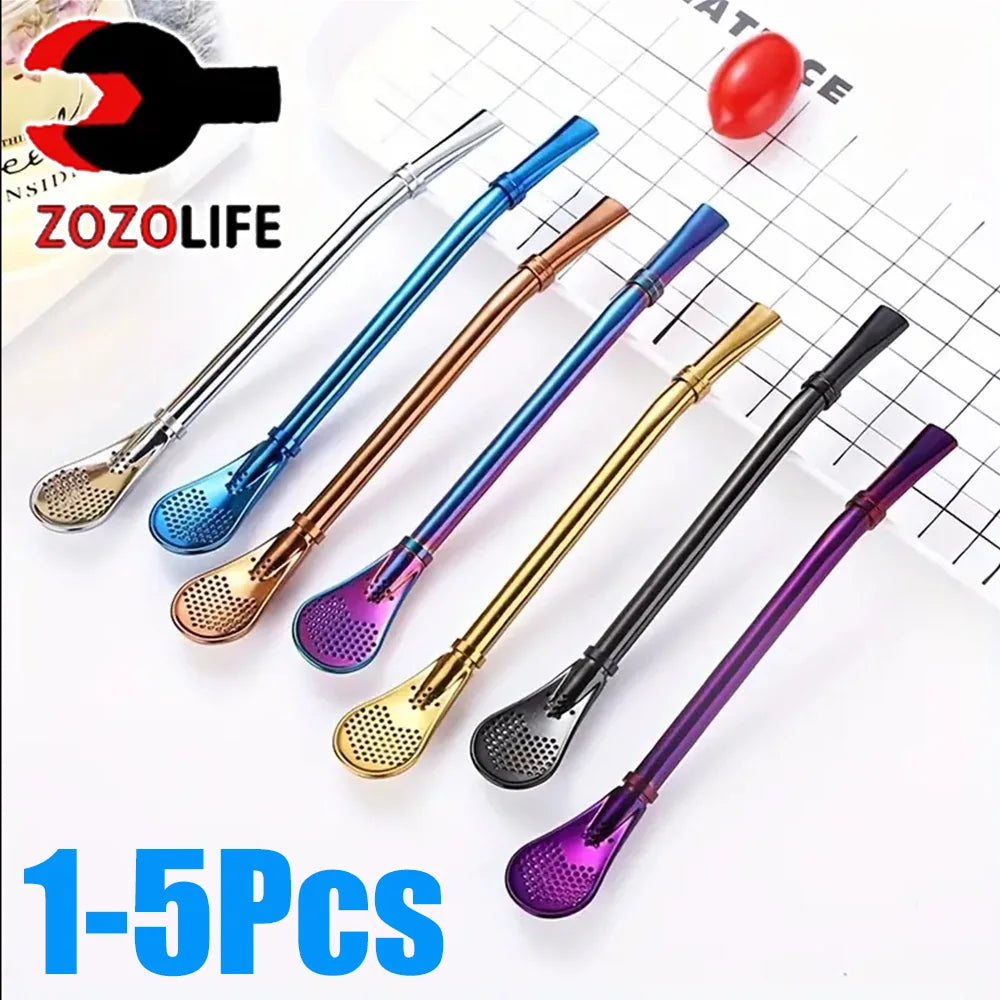 1-5Pcs Stainless Steel 304 Straw Spoon Tea Filter Reusable Spoon Filter Straw Yerba Mate Bombilla for Bar Cocktail Accessories