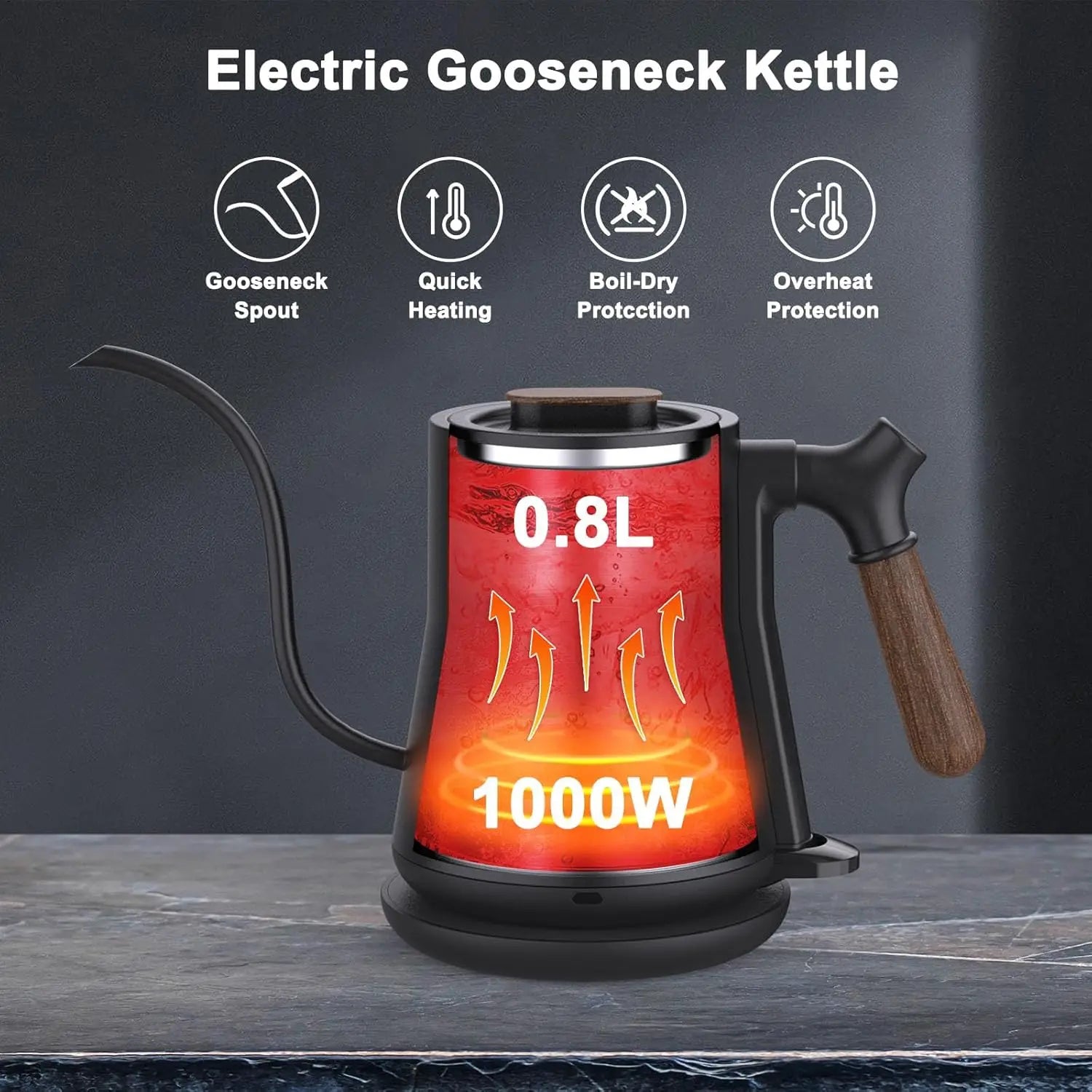 Kettle Water Boiler, 1.8L  Tea Kettle, Wide Opening Hot Water Boiler with LED Light,  Shut-Off & Boil Dry Protection, Glass Blac